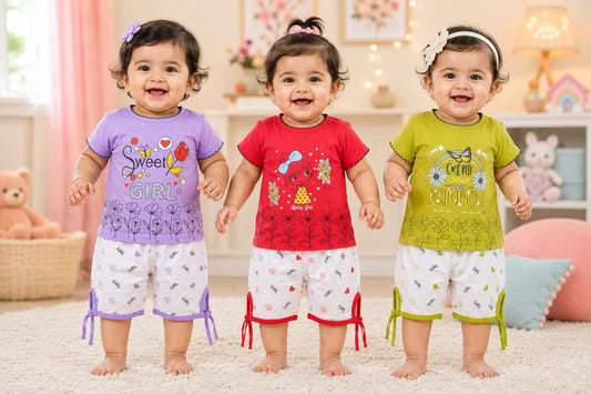 Cute & Comfortable Cotton Printed T-Shirt and Shorts Set for Baby Girls (Pack of 3)