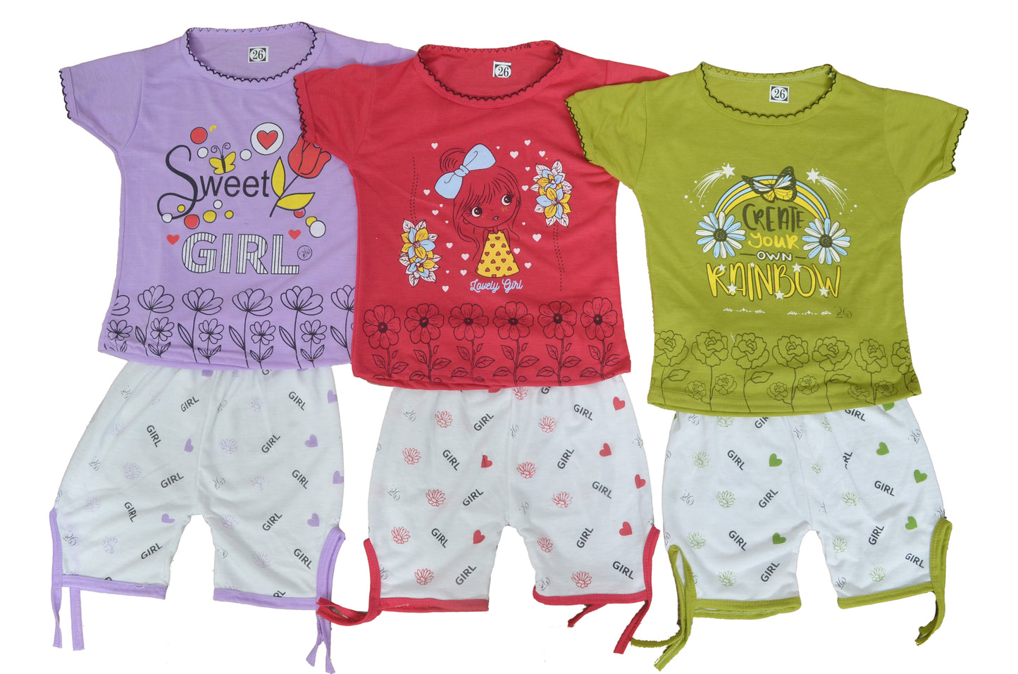Cute & Comfortable Cotton Printed T-Shirt and Shorts Set for Baby Girls (Pack of 3)